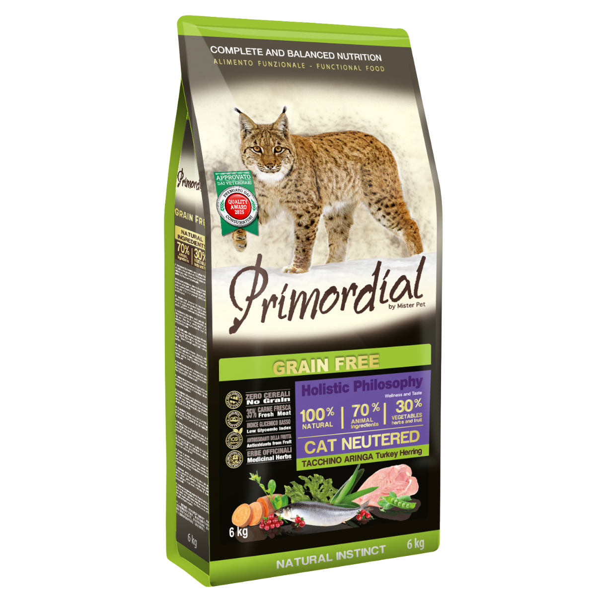 Беззерновой сухой корм холистик для стерилизованных кошек Primordial Cat Adult Neutered Индейка и сельдь