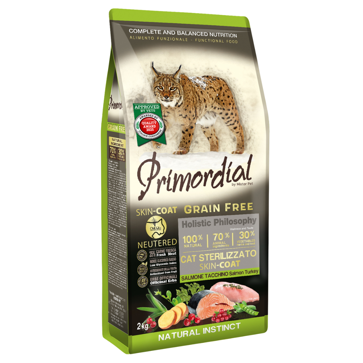 Беззерновой сухой корм холистик для стерилизованных кошек Primordial Cat Adult Neutered Skin Coat Лосось и индейка